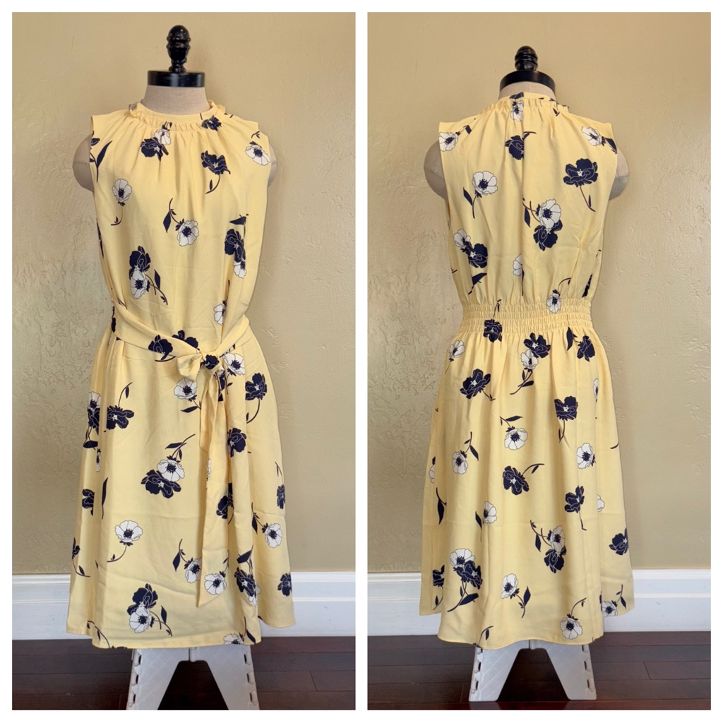 Ann Taylor Sunny Poppy Tie Waist Flare Dress Soft Daffodil Size Medium